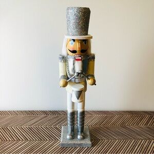 Hobby Lobby Drummer Nutcracker Figurine Silver and White 14.75" Inch Tall